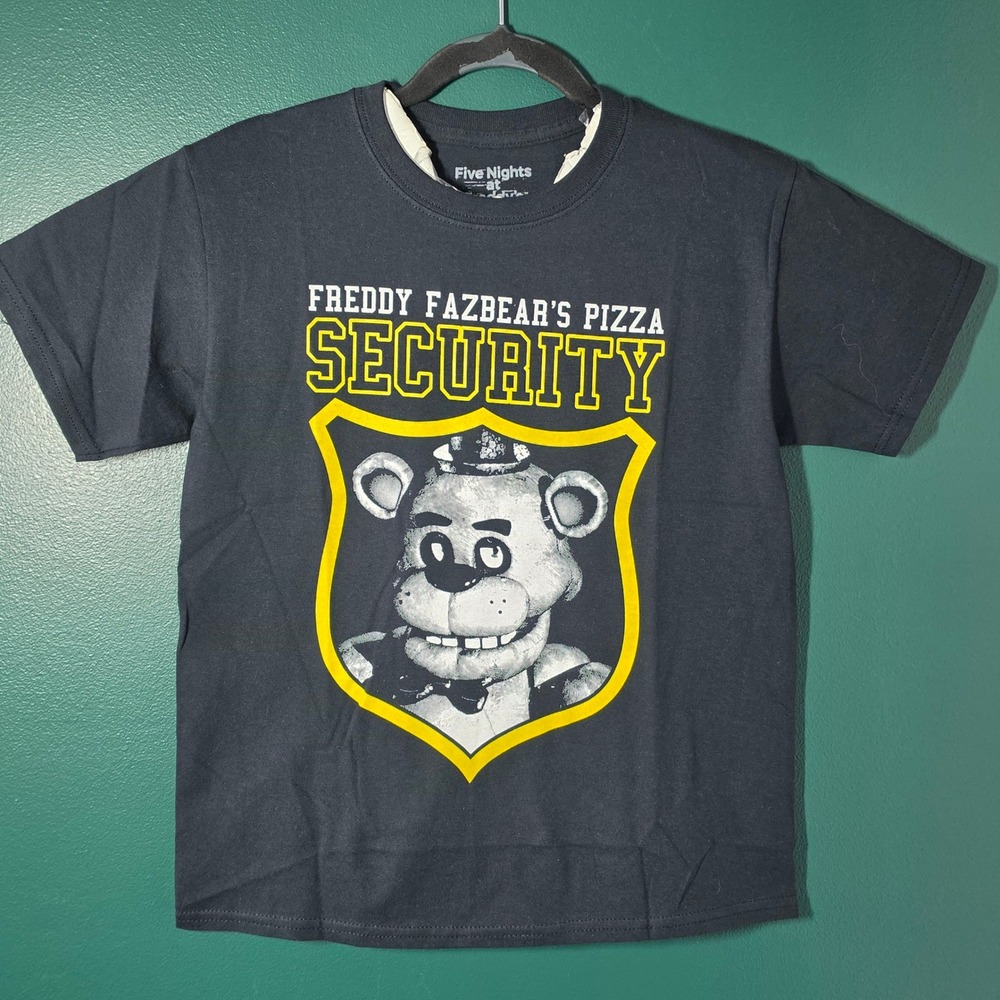 Five Nights at Freddys Kids M Black Security Freddy Fazbear Pizza Graphic Shirt